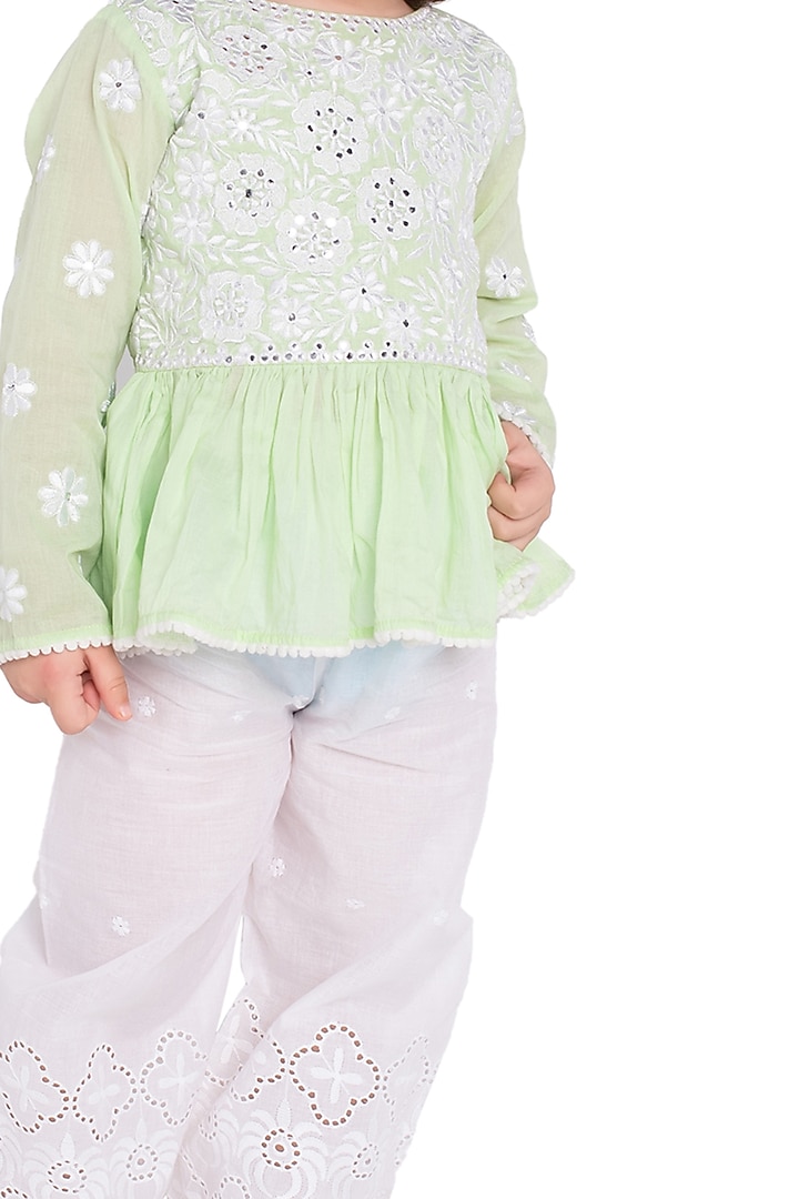 Pista Green Embroidered Kurta Set For Girls by Neha Gursahani Kids at Pernia's Pop Up Shop