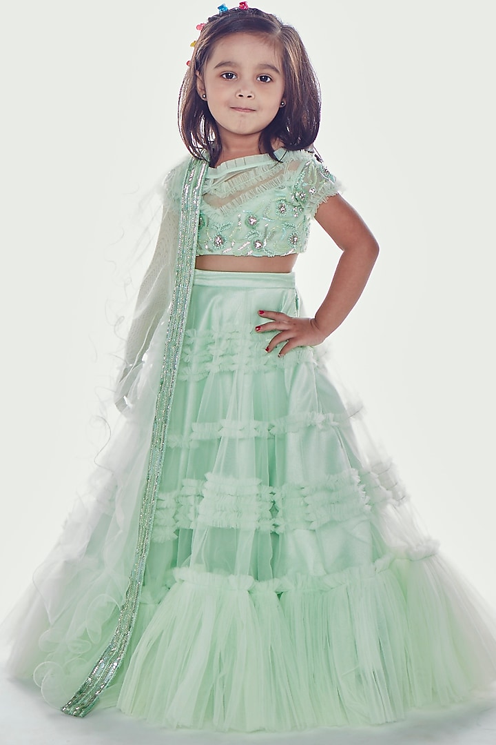 Mint Green Embroidered Ruffled Lehenga Set For Girls by Neha Gursahani Kids