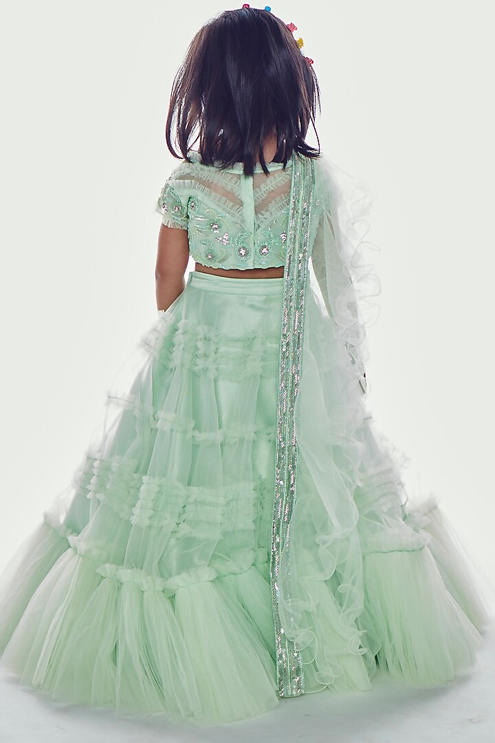 Mint Green Embroidered Ruffled Lehenga Set For Girls by Neha Gursahani Kids at Pernia's Pop Up Shop