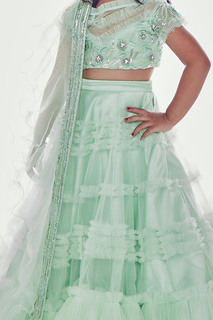 Mint Green Embroidered Ruffled Lehenga Set For Girls by Neha Gursahani Kids at Pernia's Pop Up Shop