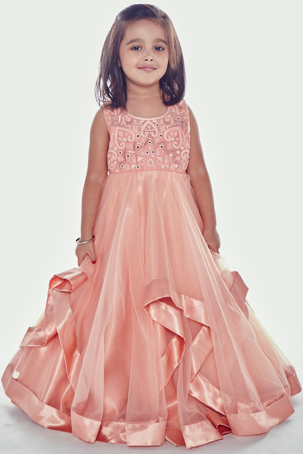 Bright Pink And Orange Printed Flounced Gown With Beaded Feather Shoulder |  Designer Gown – www.liandli.in