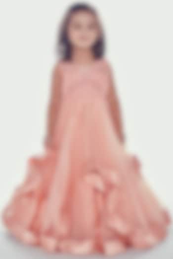 Nude Pink Embroidered Asymmetric Gown For Girls by Neha Gursahani Kids