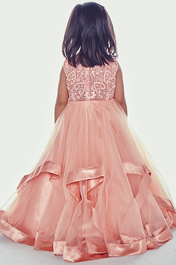 Nude Pink Embroidered Asymmetric Gown For Girls by Neha Gursahani Kids at Pernia's Pop Up Shop