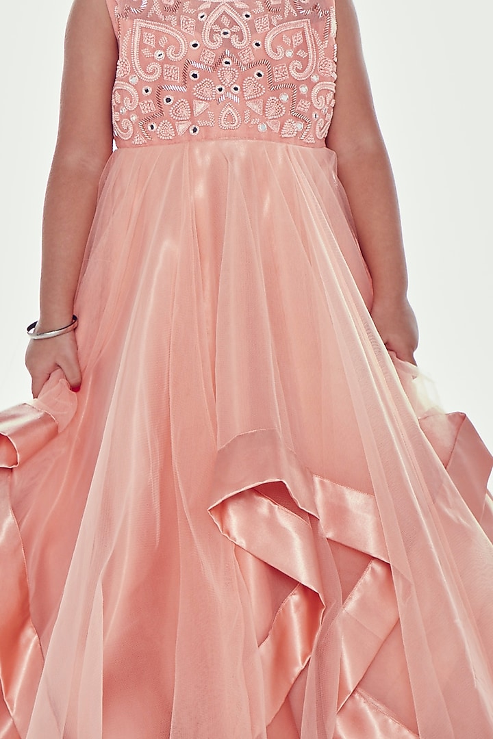 Nude Pink Embroidered Asymmetric Gown For Girls by Neha Gursahani Kids at Pernia's Pop Up Shop