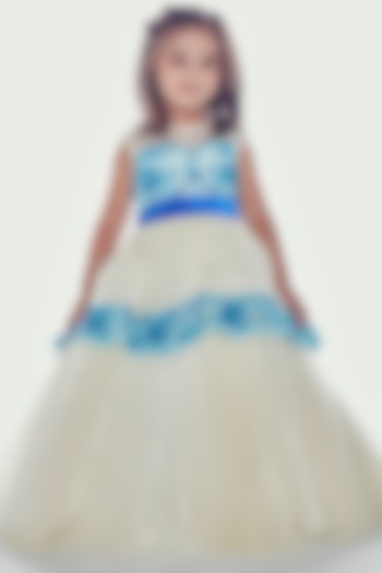 Ivory Embroidered Asymmetric Gown For Girls by Neha Gursahani Kids