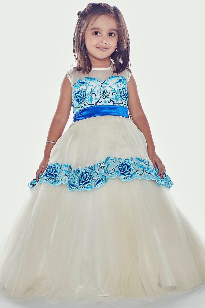 Ivory Embroidered Asymmetric Gown For Girls by Neha Gursahani Kids