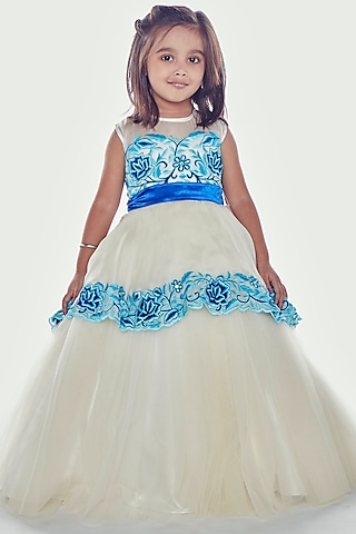 Ivory Embroidered Asymmetric Gown For Girls by Neha Gursahani Kids