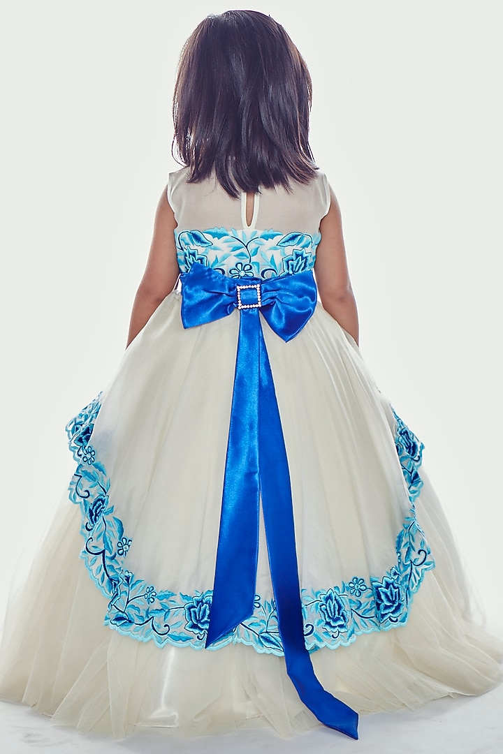 Ivory Embroidered Asymmetric Gown For Girls by Neha Gursahani Kids at Pernia's Pop Up Shop