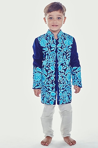 Navy Blue Embroidered Sherwani Set For Boys by Neha Gursahani Kids