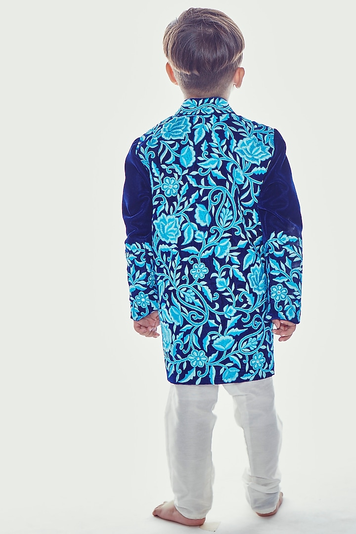 Navy Blue Embroidered Sherwani Set For Boys by Neha Gursahani Kids at Pernia's Pop Up Shop