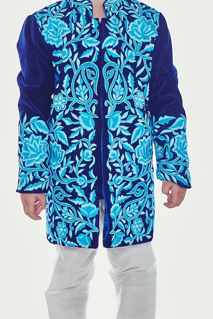 Navy Blue Embroidered Sherwani Set For Boys by Neha Gursahani Kids at Pernia's Pop Up Shop