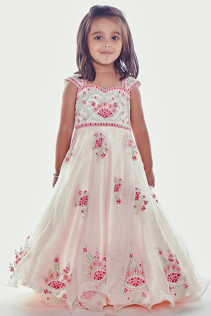 Light Pink Embroidered Gown For Girls by Neha Gursahani Kids at Pernia's Pop Up Shop