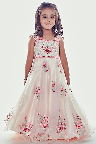Light Pink Embroidered Gown For Girls by Neha Gursahani Kids