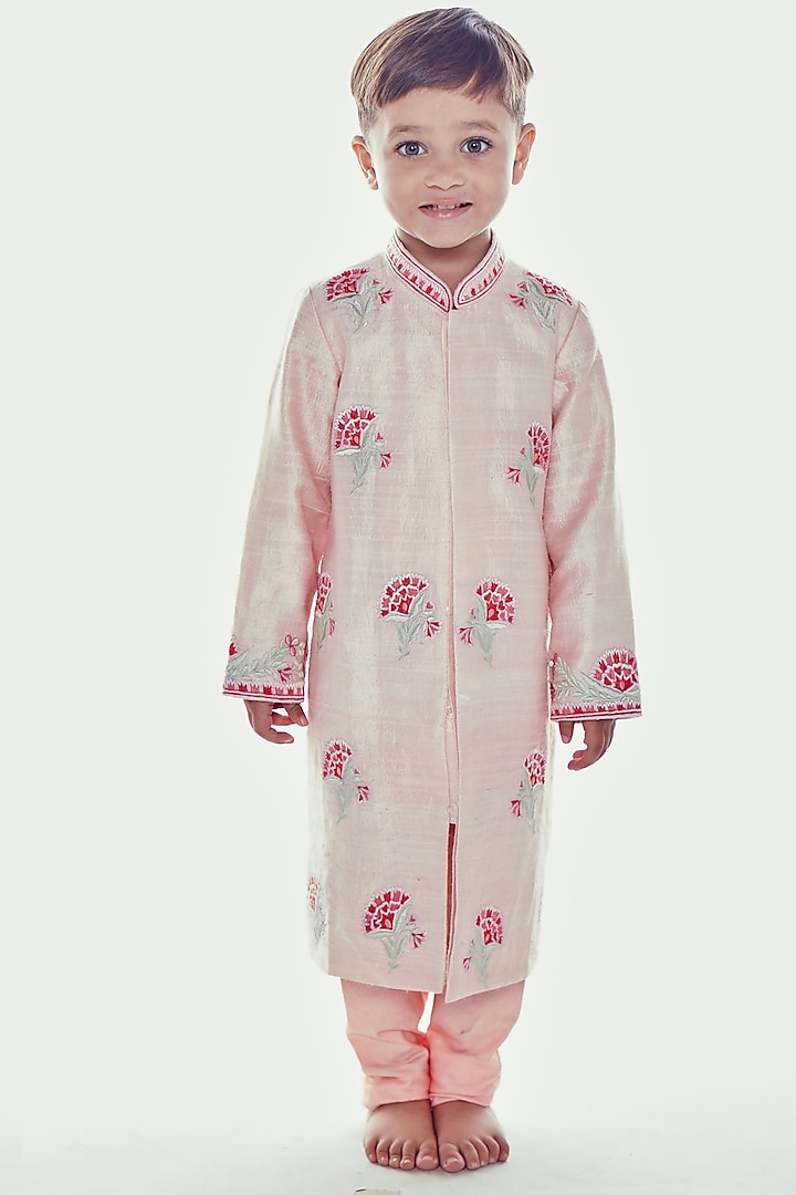 Light Pink Embroidered Sherwani Set For Boys by Neha Gursahani Kids