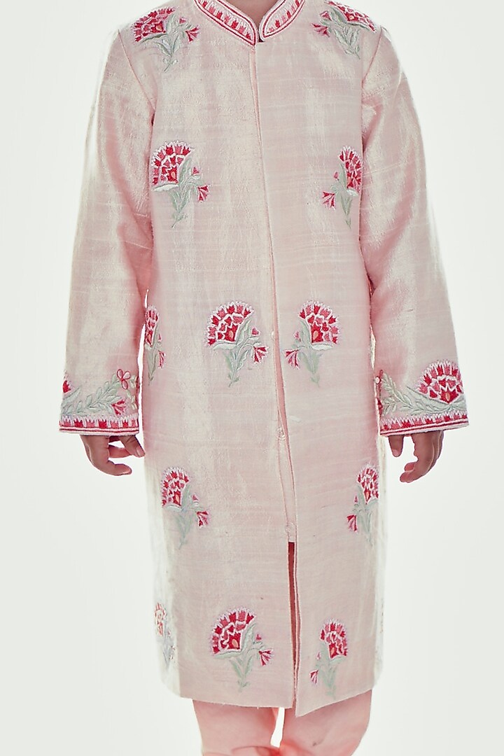 Light Pink Embroidered Sherwani Set For Boys by Neha Gursahani Kids at Pernia's Pop Up Shop
