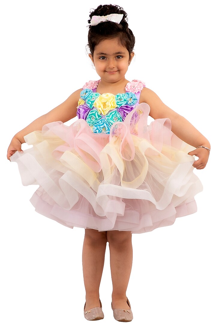 Multi Colored Tiered & Embroidered Dress For Girls by Neha Gursahani Kids