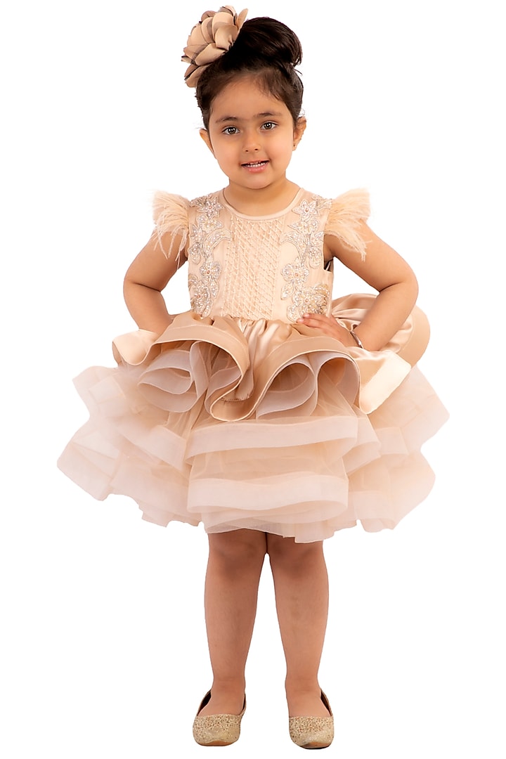 Champagne Embroidered Tiered Dress For Girls by Neha Gursahani Kids