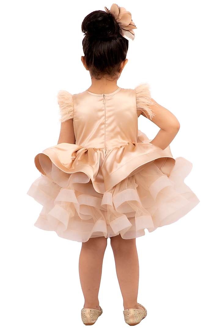 Champagne Embroidered Tiered Dress For Girls by Neha Gursahani Kids at Pernia's Pop Up Shop
