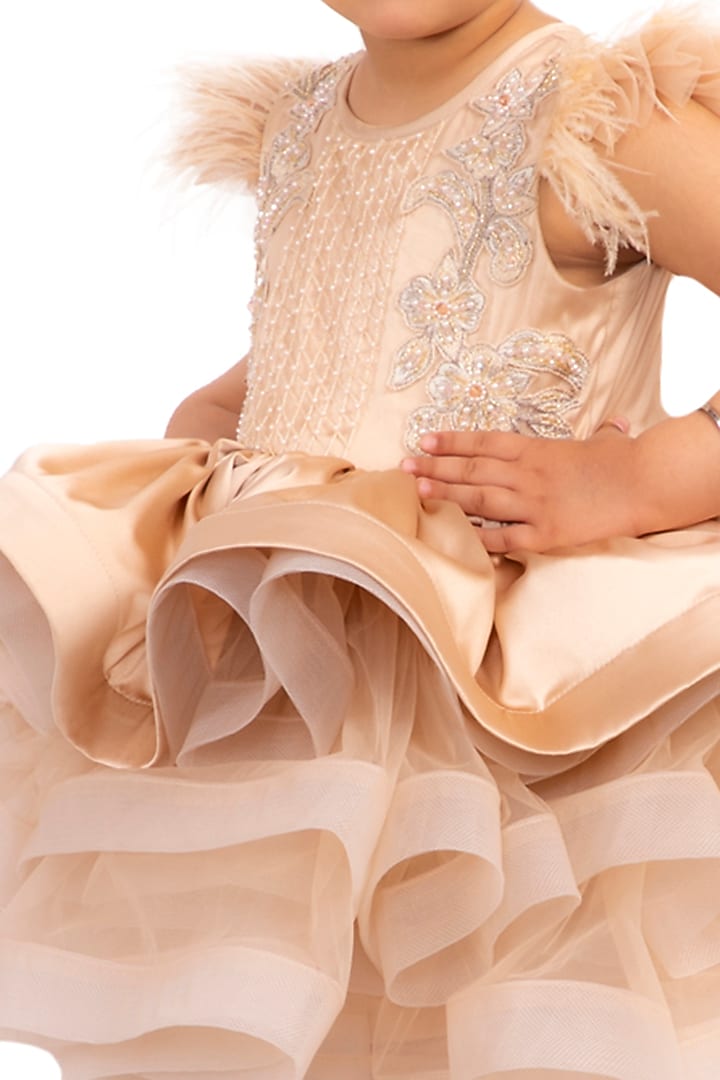 Champagne Embroidered Tiered Dress For Girls by Neha Gursahani Kids at Pernia's Pop Up Shop