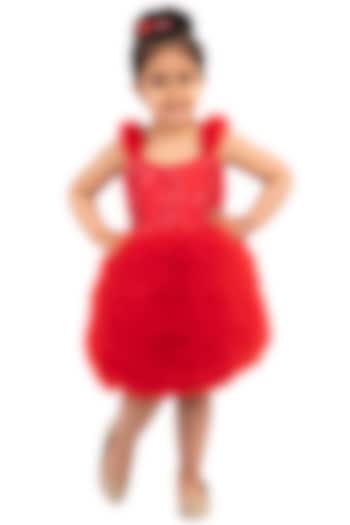 Red Embroidered & Ruffled Dress For Girls by Neha Gursahani Kids