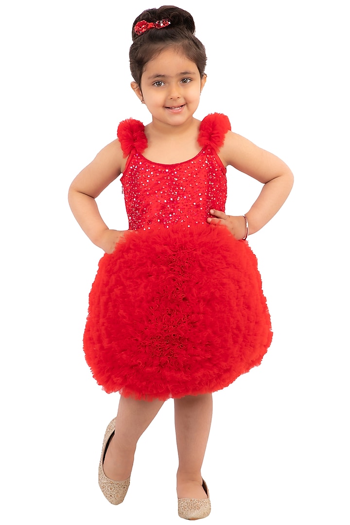 Red Embroidered & Ruffled Dress For Girls by Neha Gursahani Kids