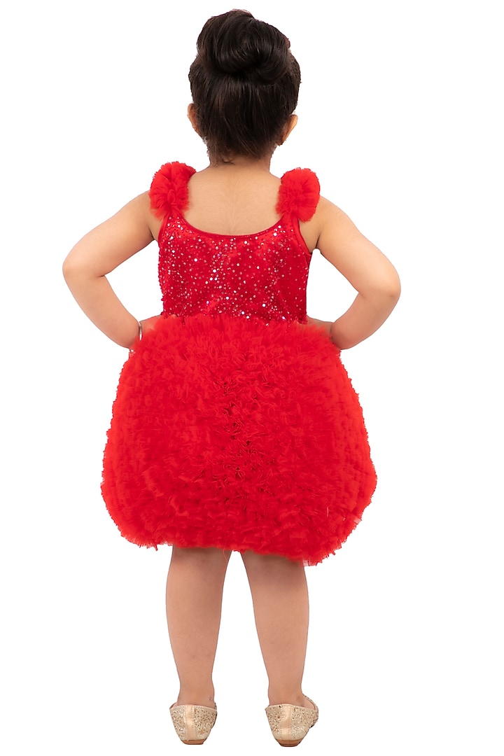 Red Embroidered & Ruffled Dress For Girls by Neha Gursahani Kids at Pernia's Pop Up Shop