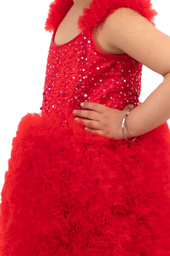 Red Embroidered & Ruffled Dress For Girls by Neha Gursahani Kids at Pernia's Pop Up Shop