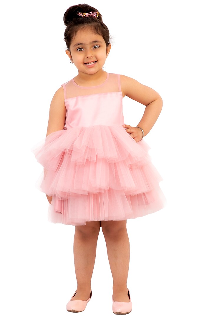 Dusty Rose Tiered Dress With Jacket For Girls by Neha Gursahani Kids