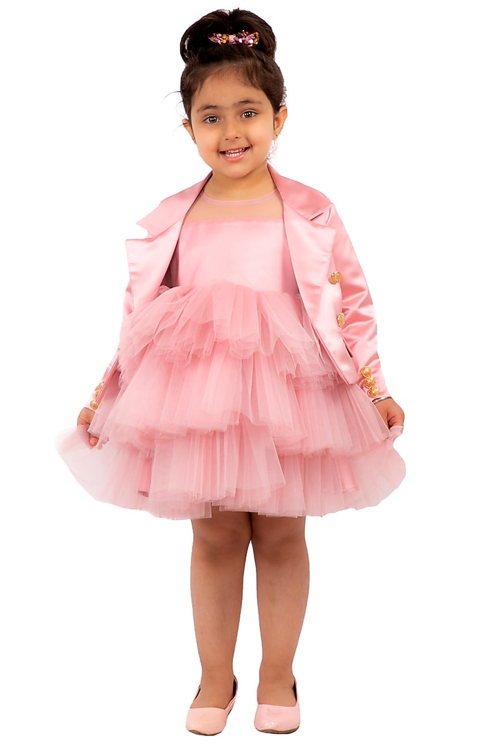 Dusty Rose Tiered Dress With Jacket For Girls by Neha Gursahani Kids at Pernia's Pop Up Shop