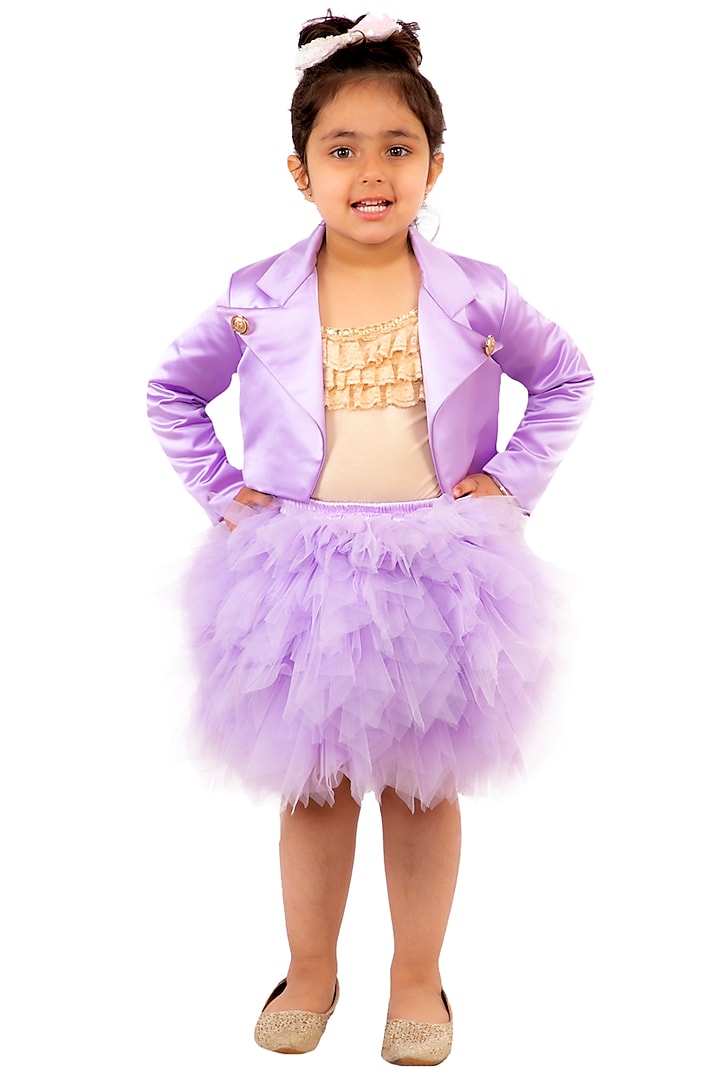 Lavender Asymmetric Skirt Set For Girls by Neha Gursahani Kids
