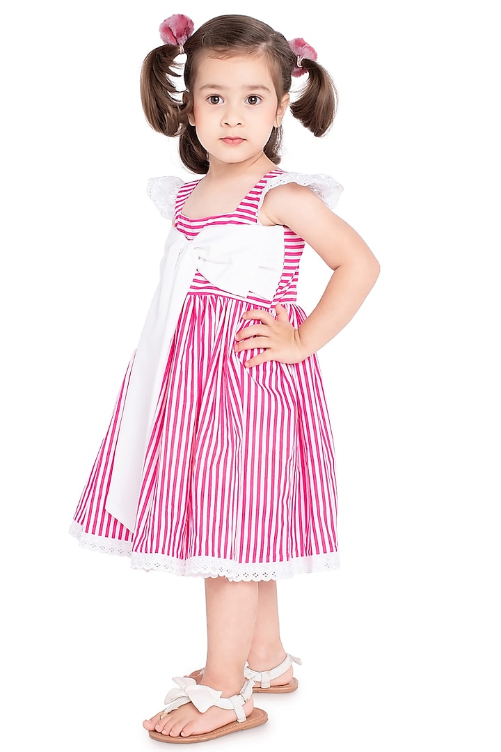 Pink & White Striped Dress For Girls by Neha Gursahani Kids