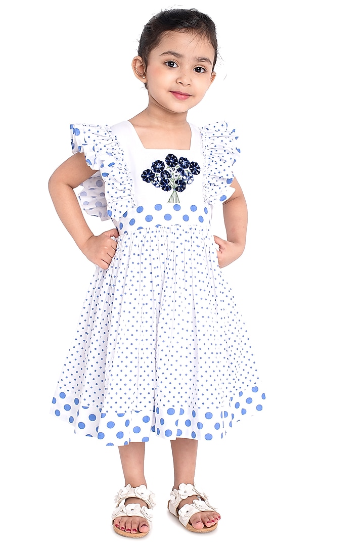 White & Blue Embroidered Dress For Girls by Neha Gursahani Kids