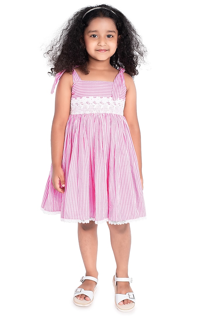 Pink & White Printed Dress For Girls by Neha Gursahani Kids