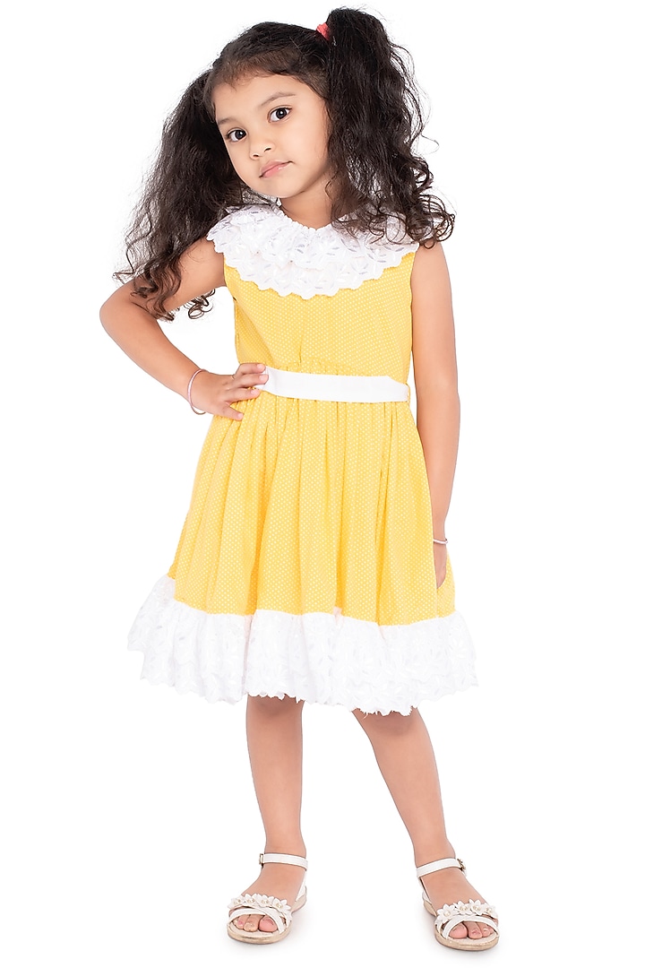 Yellow & White Dress With Polka Dots For Girls by Neha Gursahani Kids at Pernia's Pop Up Shop