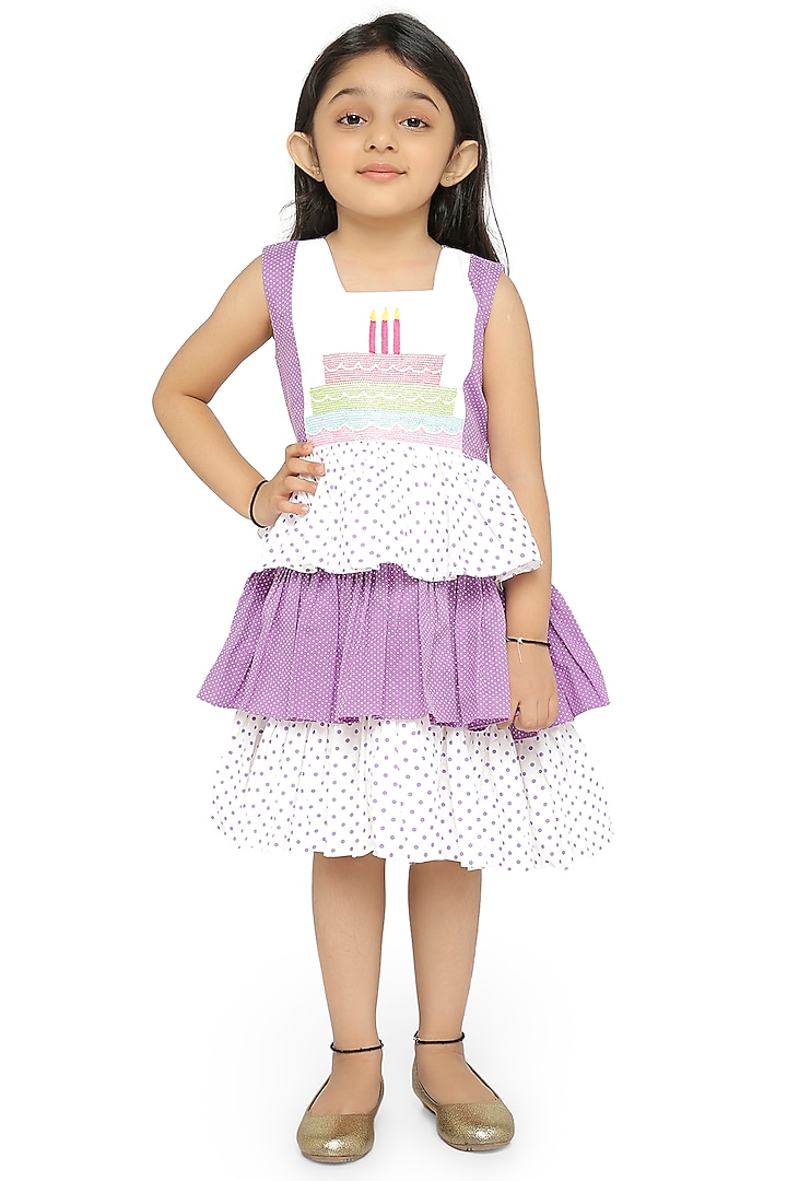 Purple & White Embroidered Dress For Girls by Neha Gursahani Kids