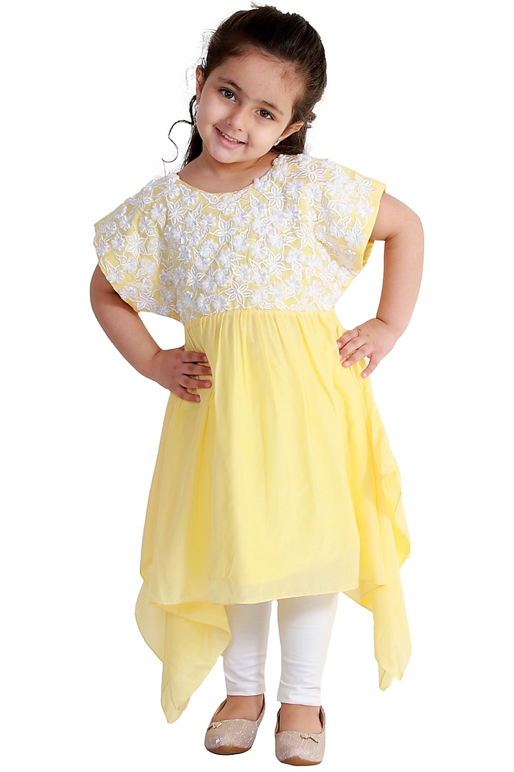 Yellow Thread Embroidered Tunic For Girls by Neha Gursahani Kids