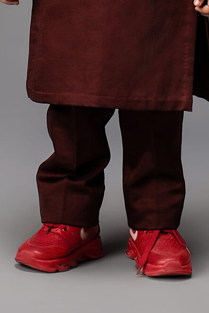 Deep Wine Kurta Set With Embroidered Bundi Jacket For Boys by Neha Gursahani Kids at Pernia's Pop Up Shop