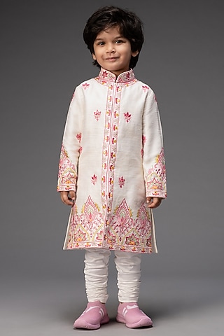 Ivory Embroidered Sherwani Set For Boys by Neha Gursahani Kids
