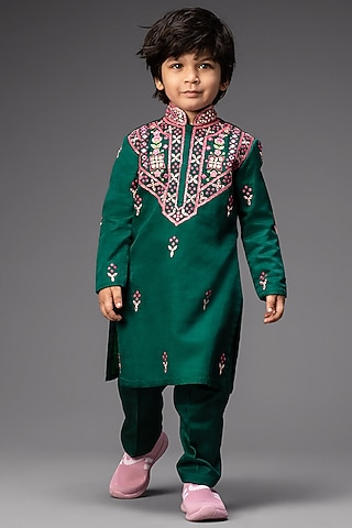Emerald Green Embroidered Kurta Set For Boys by Neha Gursahani Kids