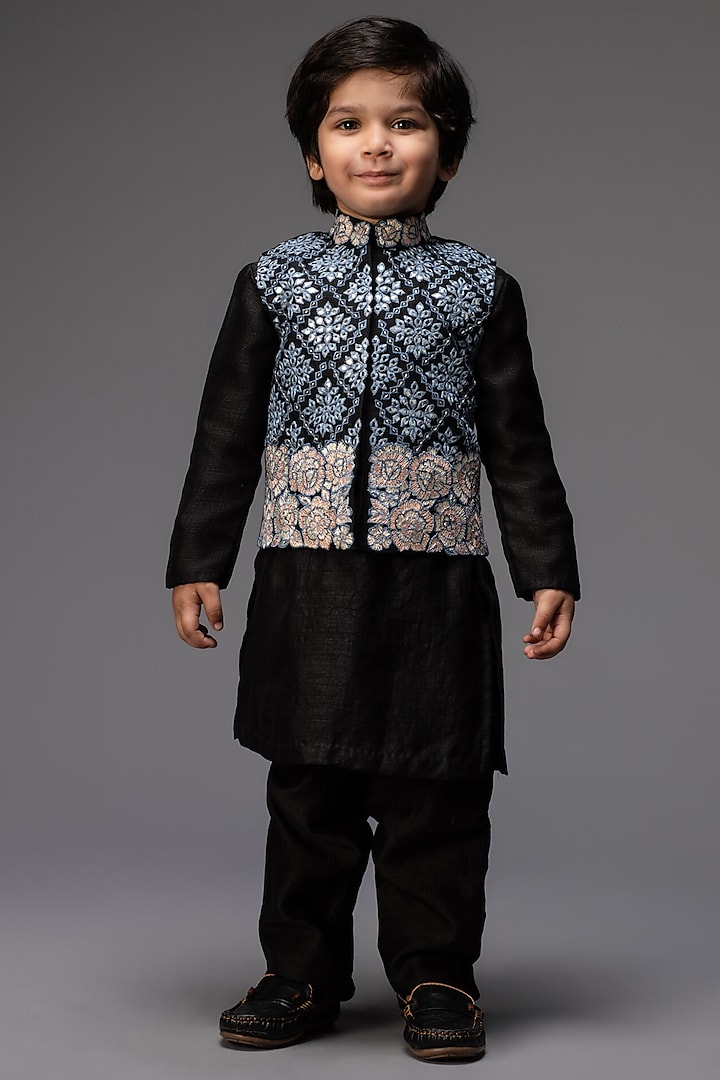 Charcoal Black Kurta Set With Embroidered Bundi Jacket For Boys by Neha Gursahani Kids