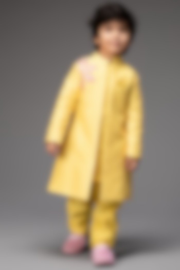 Lemon Yellow Kurta Set With Embroidered Open Jacket For Boys by Neha Gursahani Kids