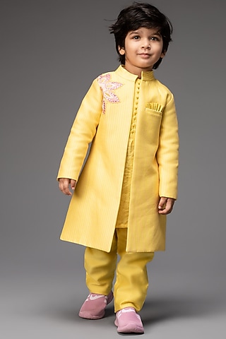 Lemon Yellow Kurta Set With Embroidered Open Jacket For Boys by Neha Gursahani Kids