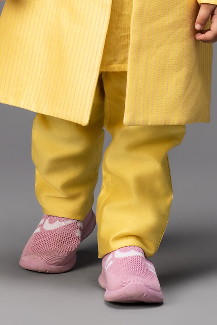 Lemon Yellow Kurta Set With Embroidered Open Jacket For Boys by Neha Gursahani Kids at Pernia's Pop Up Shop