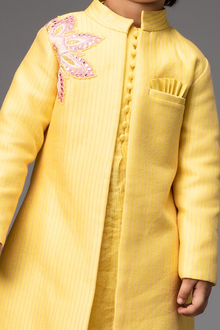 Lemon Yellow Kurta Set With Embroidered Open Jacket For Boys by Neha Gursahani Kids at Pernia's Pop Up Shop