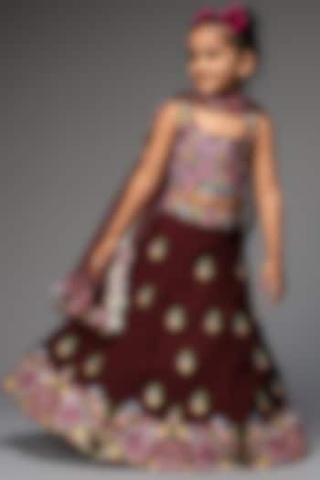 Deep Wine Embroidered Lehenga Set For Girls by Neha Gursahani Kids at Pernia's Pop Up Shop