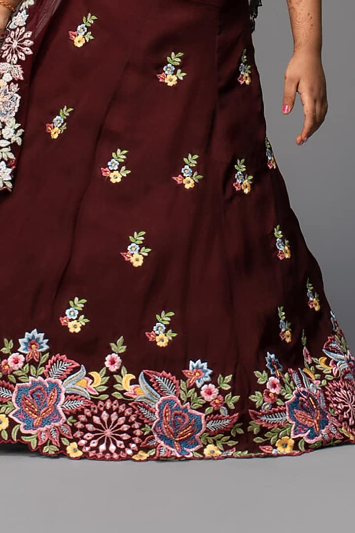 Deep Wine Embroidered Lehenga Set For Girls by Neha Gursahani Kids at Pernia's Pop Up Shop