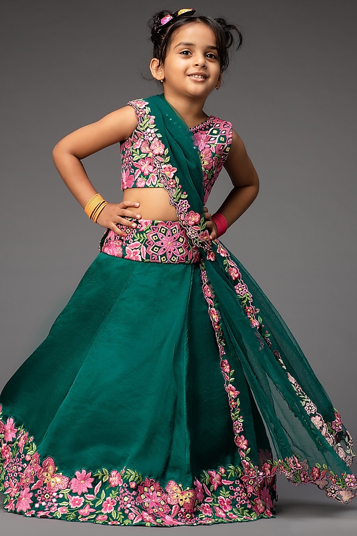 Emerald Green Embroidered Lehenga Set For Girls by Neha Gursahani Kids