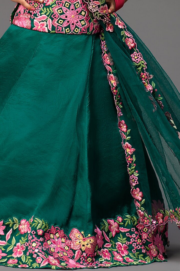 Emerald Green Embroidered Lehenga Set For Girls by Neha Gursahani Kids at Pernia's Pop Up Shop