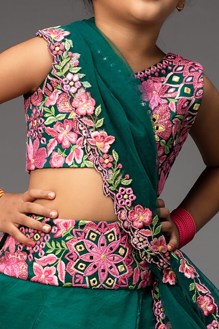 Emerald Green Embroidered Lehenga Set For Girls by Neha Gursahani Kids at Pernia's Pop Up Shop