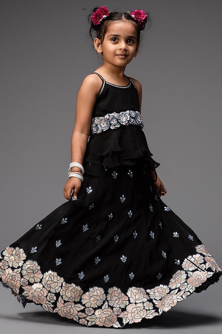 Charcoal Black Embroidered Lehenga Set For Girls by Neha Gursahani Kids